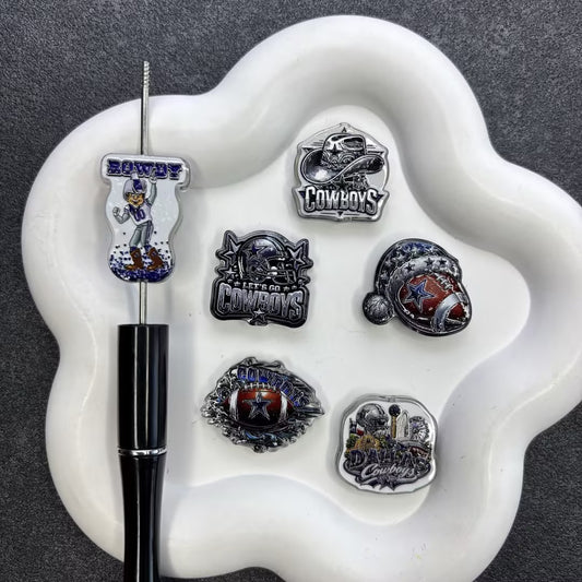 Silver & Blue Football Focal Beads, Game Day Cowboy Star Acrylic Charms & Mascot Pen Toppers for DIY Beadable Pens & Keychains