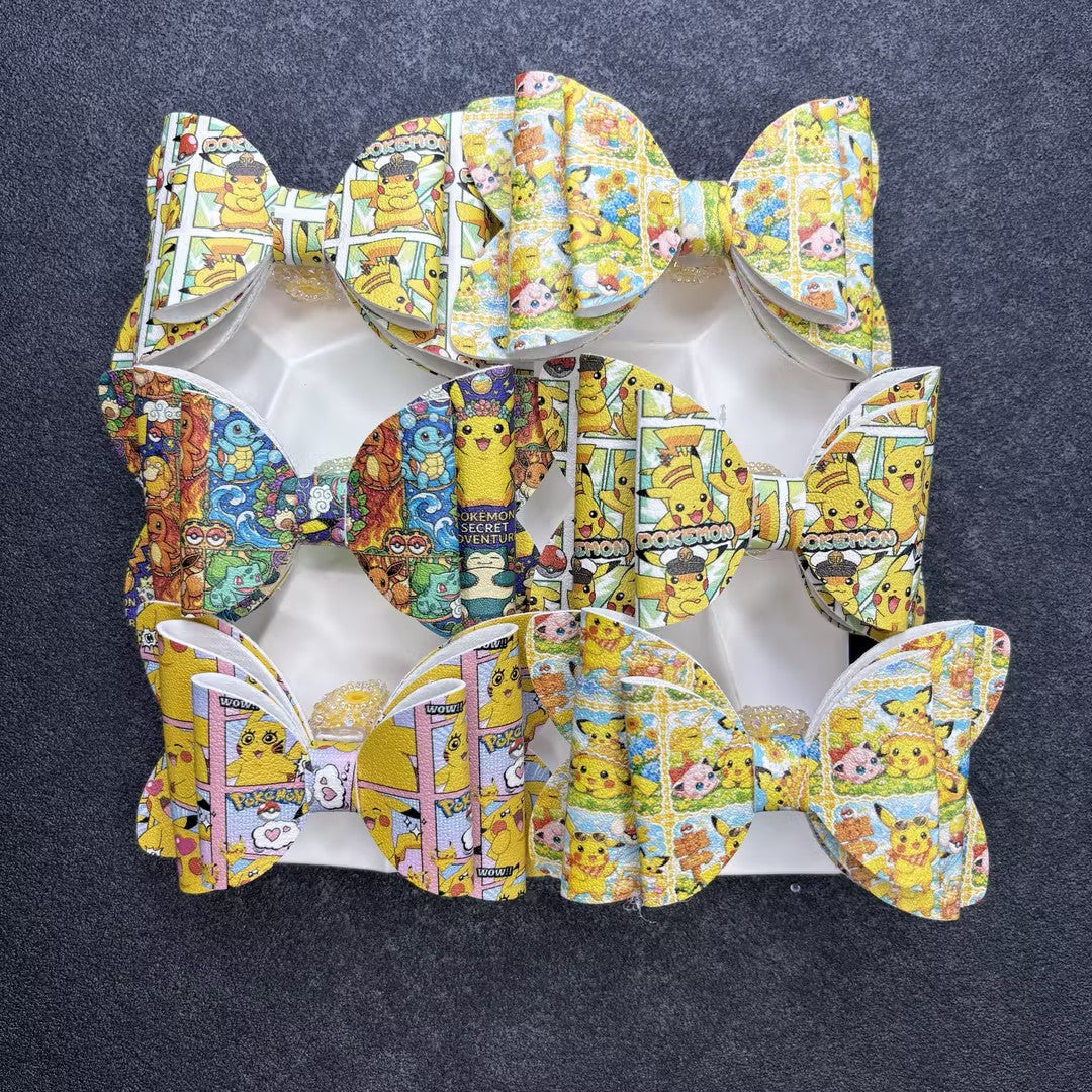 Anime Inspired Faux Leather Bows for Beadable Pens & Hair Accessories – Yellow Electric Monster Printed Ribbon Bow Centerpieces (approx. 4.5")