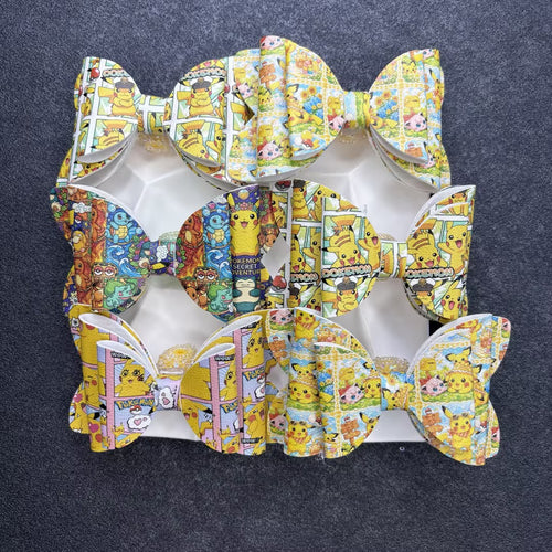 Anime Inspired Faux Leather Bows for Beadable Pens & Hair Accessories – Yellow Electric Monster Printed Ribbon Bow Centerpieces (approx. 4.5")