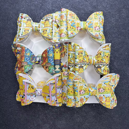Anime Inspired Faux Leather Bows for Beadable Pens & Hair Accessories – Yellow Electric Monster Printed Ribbon Bow Centerpieces (approx. 4.5")
