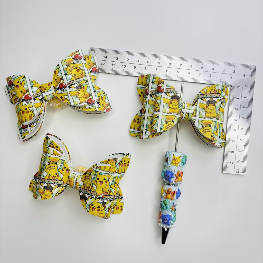 Anime Inspired Faux Leather Bows for Beadable Pens & Hair Accessories – Yellow Electric Monster Printed Ribbon Bow Centerpieces (approx. 4.5")