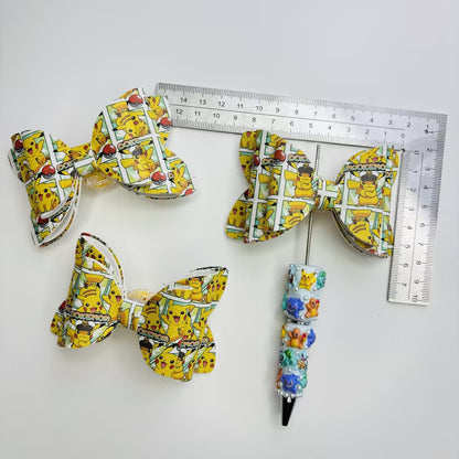 Anime Inspired Faux Leather Bows for Beadable Pens & Hair Accessories – Yellow Electric Monster Printed Ribbon Bow Centerpieces (approx. 4.5")