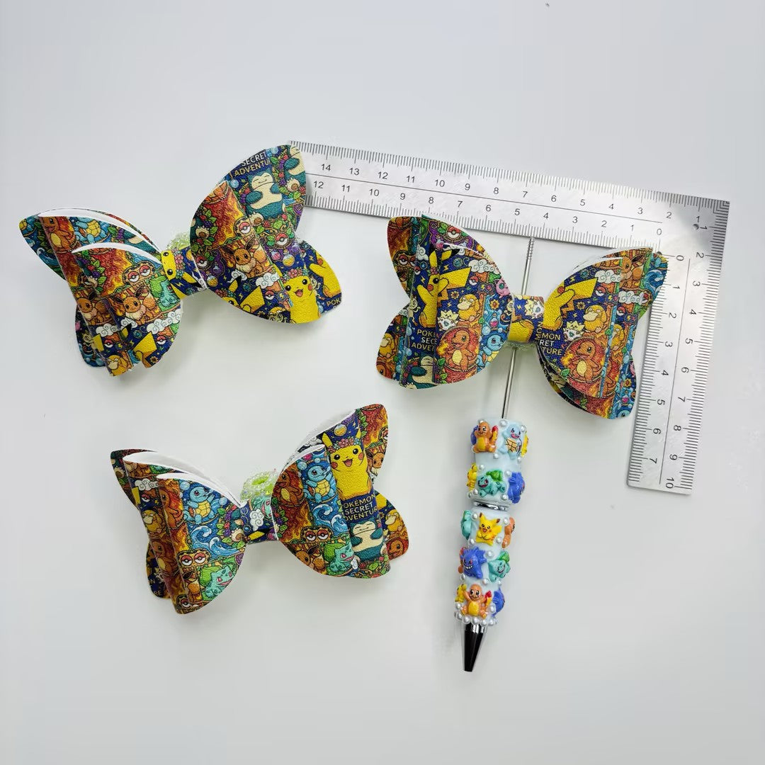 Anime Inspired Faux Leather Bows for Beadable Pens & Hair Accessories – Yellow Electric Monster Printed Ribbon Bow Centerpieces (approx. 4.5")