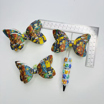 Anime Inspired Faux Leather Bows for Beadable Pens & Hair Accessories – Yellow Electric Monster Printed Ribbon Bow Centerpieces (approx. 4.5")