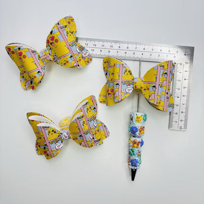 Anime Inspired Faux Leather Bows for Beadable Pens & Hair Accessories – Yellow Electric Monster Printed Ribbon Bow Centerpieces (approx. 4.5")