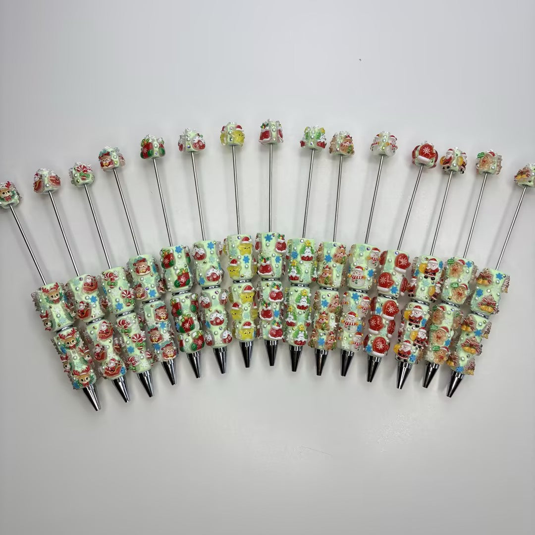 Christmas Theme DIY Beadable Pens with 3D Resin Rhinestone Grip – Festive Santa, Snowman & Reindeer Metal Ballpoint Pens for Holiday Gifts & Crafts