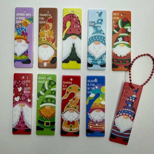 Seasonal Reading Gnome Acrylic Bookmarks with Ball Chain, Cute Bookish Holiday Gnome Strip Tags for Book Lovers, Teachers & Reading Planners