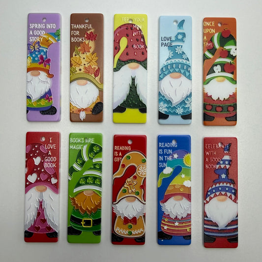 Seasonal Reading Gnome Acrylic Bookmarks with Ball Chain, Cute Bookish Holiday Gnome Strip Tags for Book Lovers, Teachers & Reading Planners