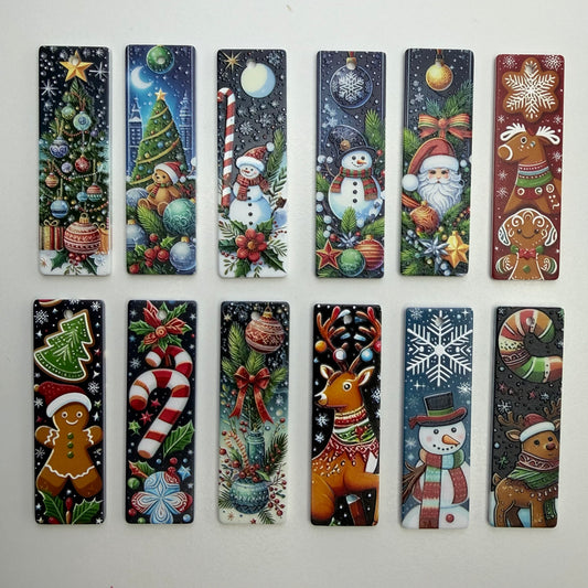 Vintage Christmas Acrylic Bookmarks with Ball Chain, Winter Holiday Santa Snowman Reindeer Strip Tags for Book Lovers, Stocking Stuffers & Gifts