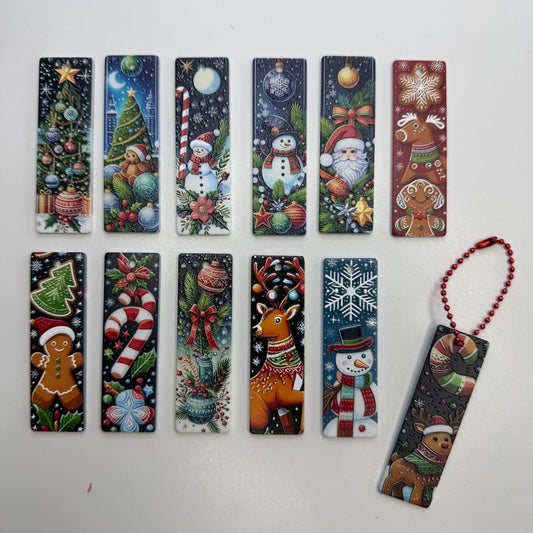 Vintage Christmas Acrylic Bookmarks with Ball Chain, Winter Holiday Santa Snowman Reindeer Strip Tags for Book Lovers, Stocking Stuffers & Gifts