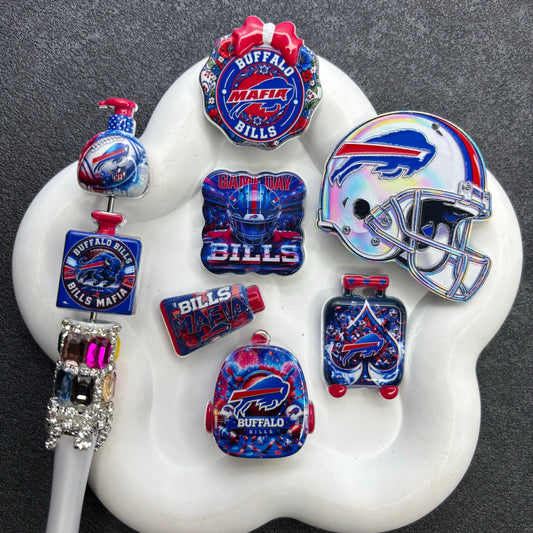 Buffalo Football Printed Acrylic Focal Beads Set, Blue & Red Helmet Suitcase Slide Charms for Beadable Pens & Keyrings