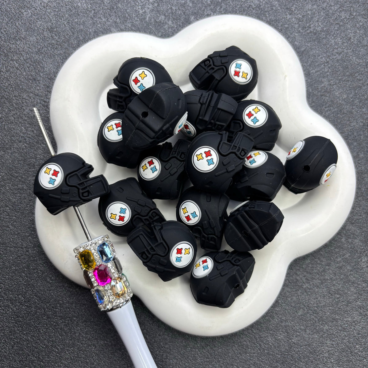 3D Black Football Helmet Silicone Focal Beads, Steel City Fan Gear Beads for DIY Beadable Pens, Keychains & Wristlets