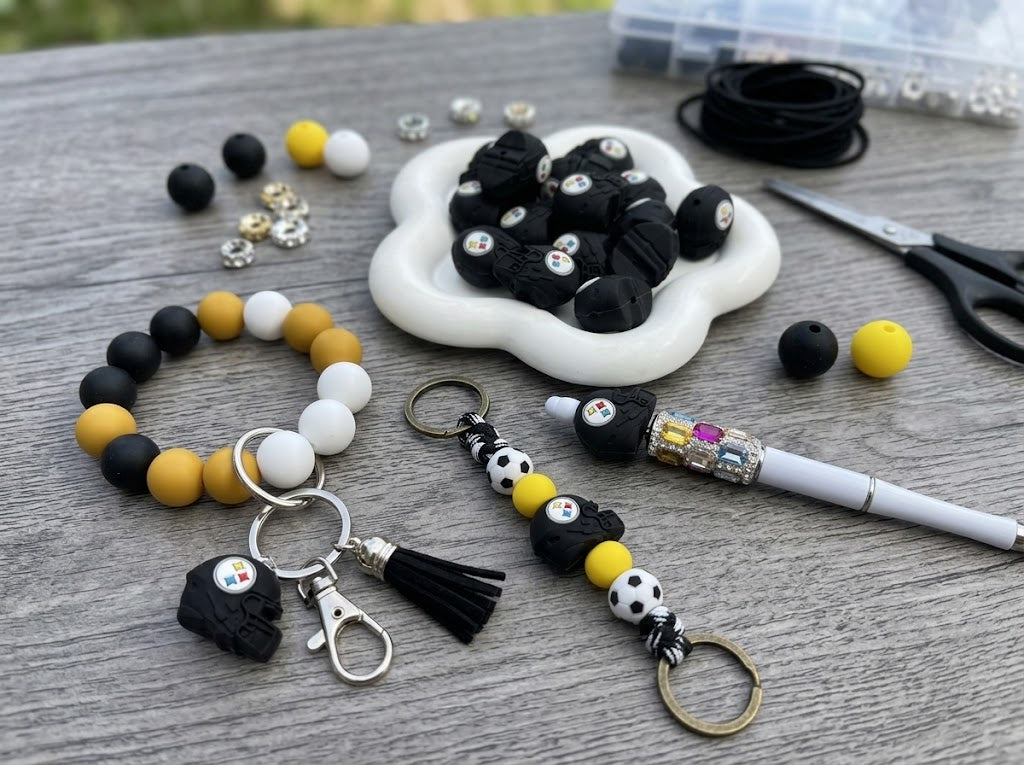 3D Black Football Helmet Silicone Focal Beads, Steel City Fan Gear Beads for DIY Beadable Pens, Keychains & Wristlets