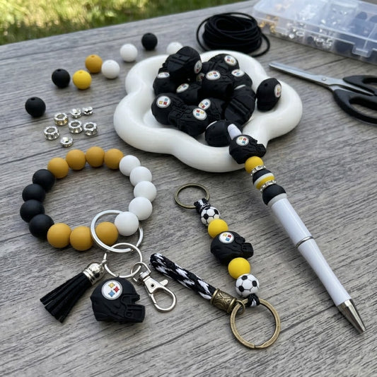 3D Black Football Helmet Silicone Focal Beads, Steel City Fan Gear Beads for DIY Beadable Pens, Keychains & Wristlets