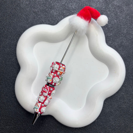 Plush Santa Hat Beadable Pens, 3D Embossed Snowman & Pearl Floral Beaded Pen Barrels for Christmas DIY Gifts & Crafts