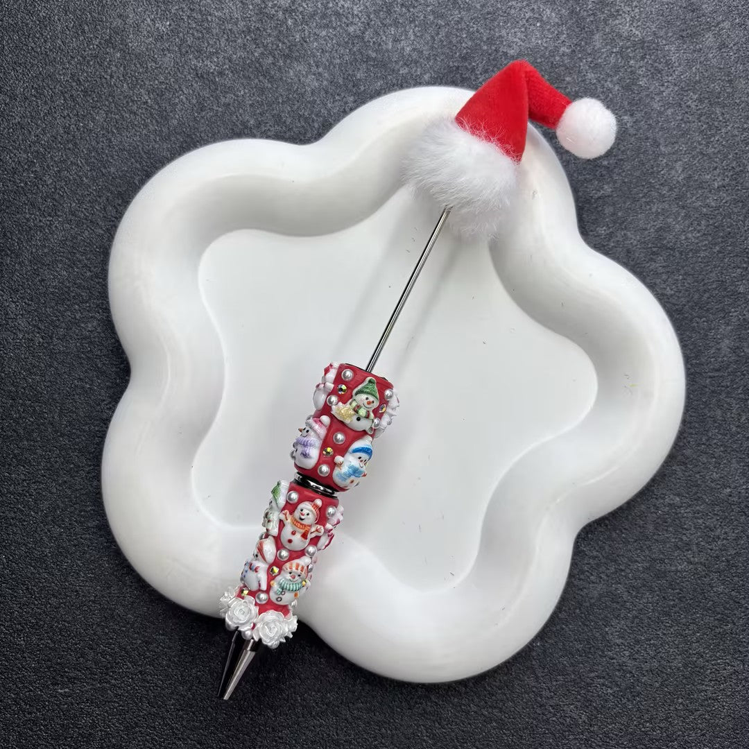 Plush Santa Hat Beadable Pens, 3D Embossed Snowman & Pearl Floral Beaded Pen Barrels for Christmas DIY Gifts & Crafts