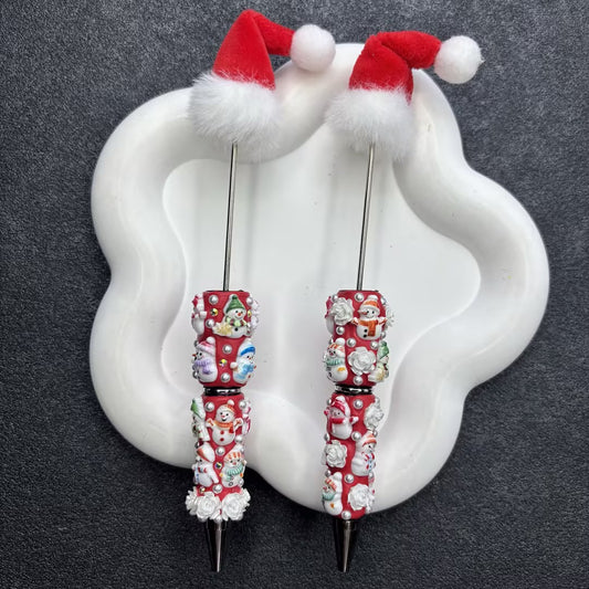 Plush Santa Hat Beadable Pens, 3D Embossed Snowman & Pearl Floral Beaded Pen Barrels for Christmas DIY Gifts & Crafts