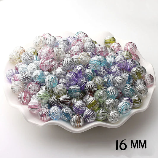 16mm Acrylic Transparent Color Silver-plated Lines Round Beads