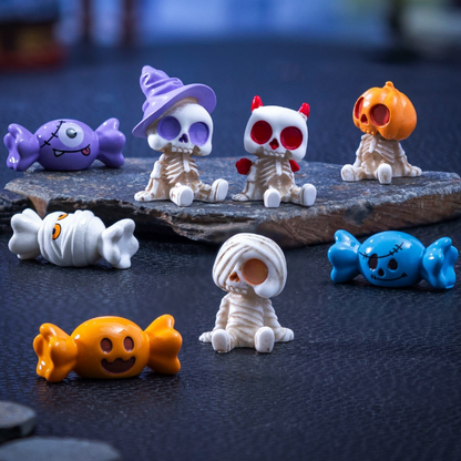 Mini Halloween Sitting Skeleton Figures & Spooky Candy Charms, 3D Resin Pumpkin Witch Mummy Flatback Beads for DIY Beaded Pens, Desk Decor, Boo Basket Gifts