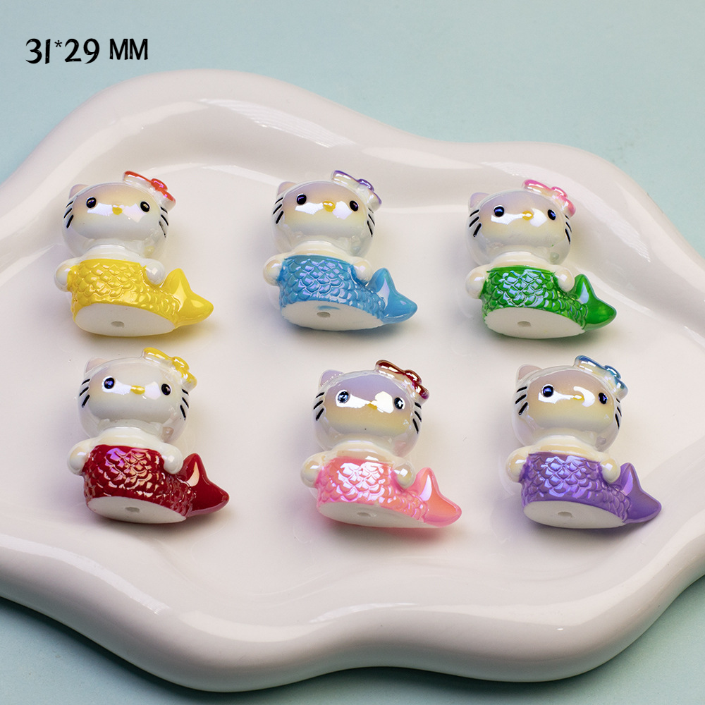 Electroplated Through-hole Cartoon Mermaid Cat Acrylic Beads - Beadable Cat