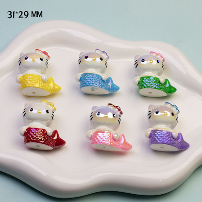 Electroplated Through-hole Cartoon Mermaid Cat Acrylic Beads - Beadable Cat