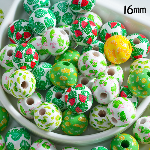 16mm Fruit Leaf Flamingo Printed Straight Hole Acrylic Beads - Beadable Cat