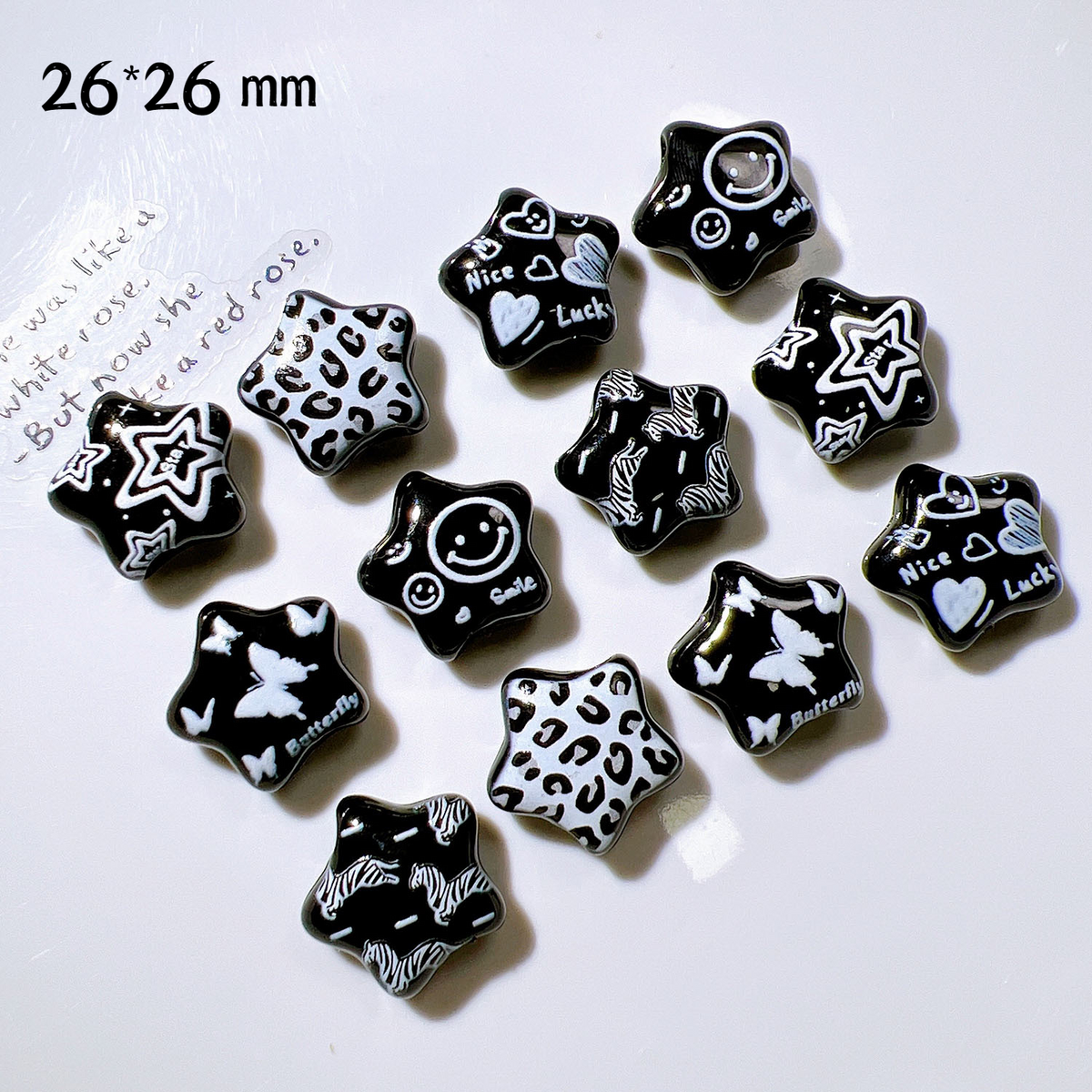 26MM Acrylic Printed Black Five-pointed Star Straight Hole Beads | Acrylic Bead for DIY Bracelet Keychain Jewelry Making