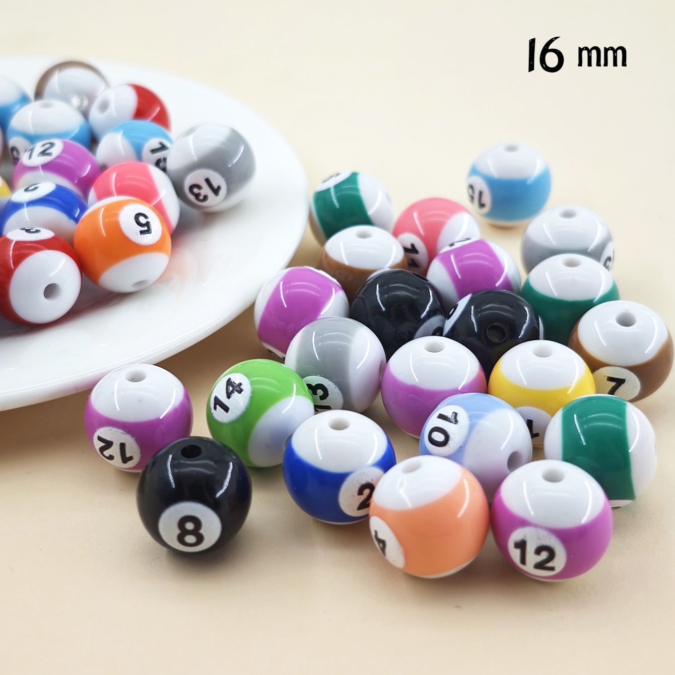 16mm Cool Billiards Style Beads   Black 8 Ball & Numbered Pool Ball | Acrylic Bead for DIY Bracelet Keychain Jewelry Making