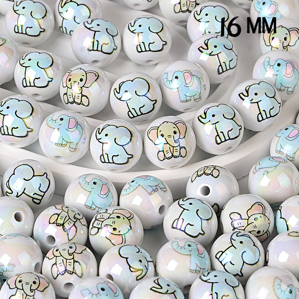 16mm Cute Baby Elephant Print Beads - Iridescent AB White Round | Acrylic Bead for DIY Bracelet Keychain Jewelry Making