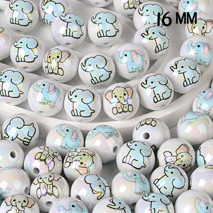 16mm Cute Baby Elephant Print Beads - Iridescent AB White Round | Acrylic Bead for DIY Bracelet Keychain Jewelry Making