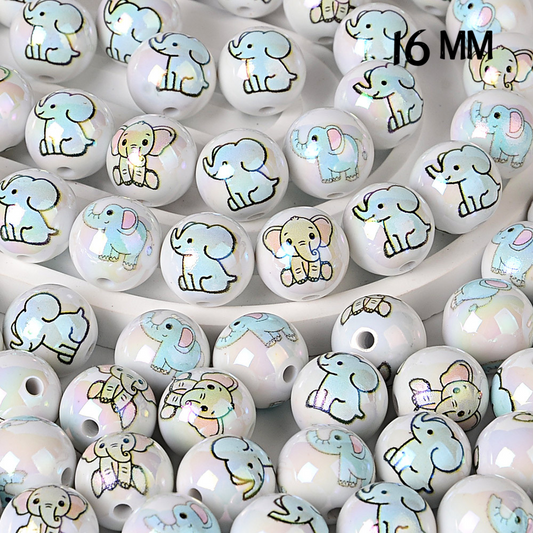 16mm Cute Baby Elephant Print Beads - Iridescent AB White Round | Acrylic Bead for DIY Bracelet Keychain Jewelry Making