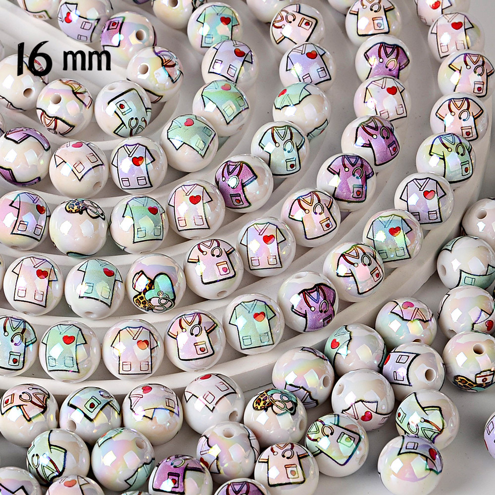 16mm Nurse Medical Scrubs Print Beads - Iridescent AB White Round | Acrylic Bead for DIY Bracelet Keychain Jewelry Making