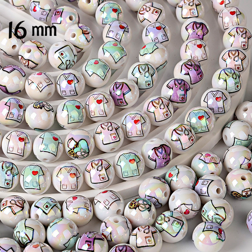 16mm Nurse Medical Scrubs Print Beads - Iridescent AB White Round | Acrylic Bead for DIY Bracelet Keychain Jewelry Making