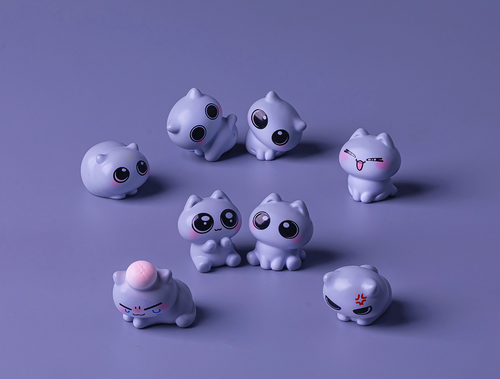 Funny Emotion Cat Miniature Figures Set, 3D Resin Micro Purple Meme Kitten Statues for Office Desk Decor, Car Dashboard, Computer Monitor & Gift Set