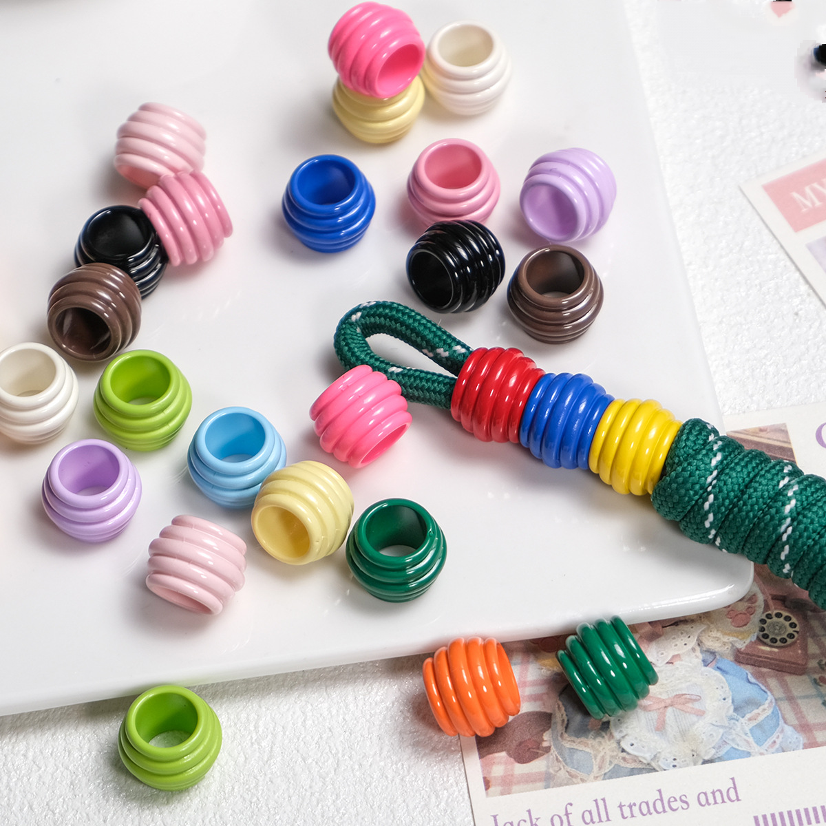 50pcs Bulk 14x10mm Large 8mm Hole Beads - Colorful Ribbed Barrel | Acrylic Bead for DIY Bracelet Keychain Jewelry Making