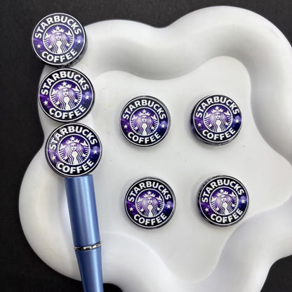 Classic Coffee Brand Emblem Focal Beads Lot — Green & Purple Galaxy Cafe Large Hole Resin Beads for DIY Pens & Keychains