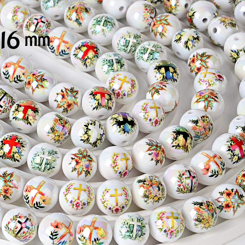 16mm Floral Cross Print Beads - Iridescent AB White Round Acrylic | Acrylic Bead for DIY Bracelet Keychain Jewelry Making
