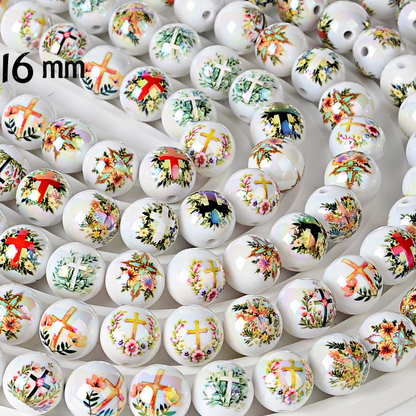 16mm Floral Cross Print Beads - Iridescent AB White Round Acrylic | Acrylic Bead for DIY Bracelet Keychain Jewelry Making