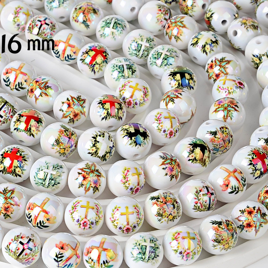 16mm Floral Cross Print Beads - Iridescent AB White Round Acrylic | Acrylic Bead for DIY Bracelet Keychain Jewelry Making