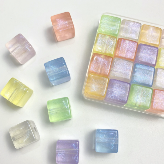 14MM Acrylic Iridescent Fine Glitter Square Beads with Straight Holes