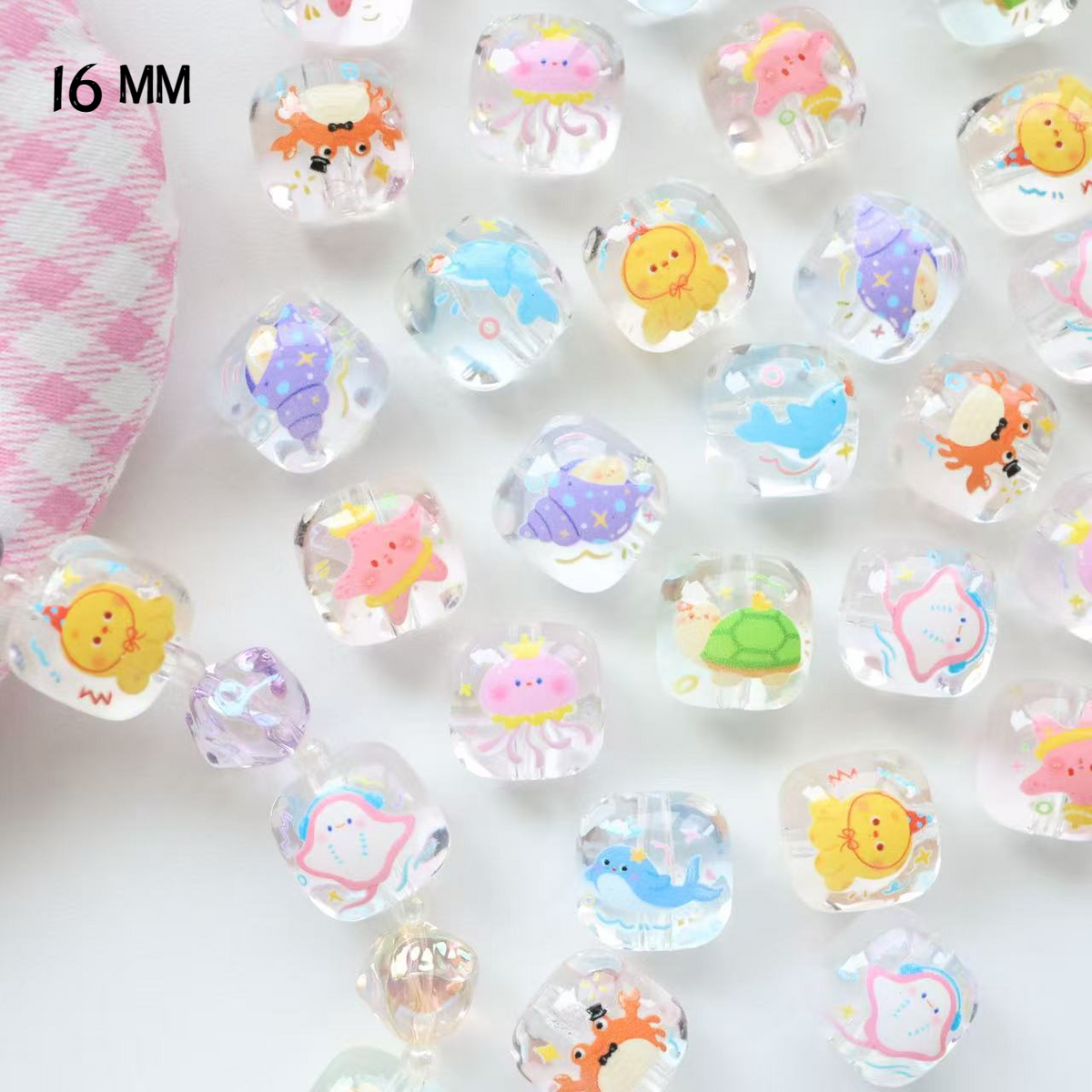 16mm Cartoon Ocean Series Printed Square Transparent Straight Hole | Acrylic Bead for DIY Bracelet Keychain Jewelry Making