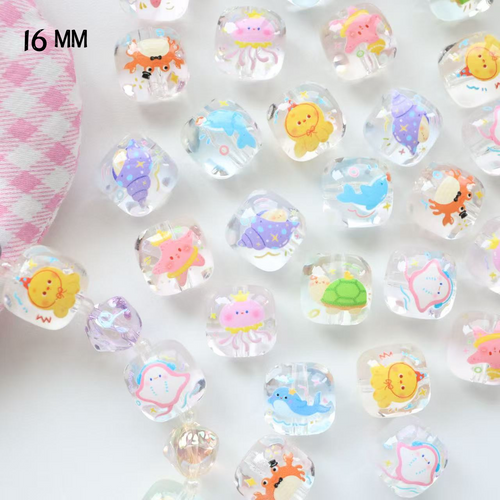 16mm Cartoon Ocean Series Printed Square Transparent Straight Hole Beads - Beadable Cat